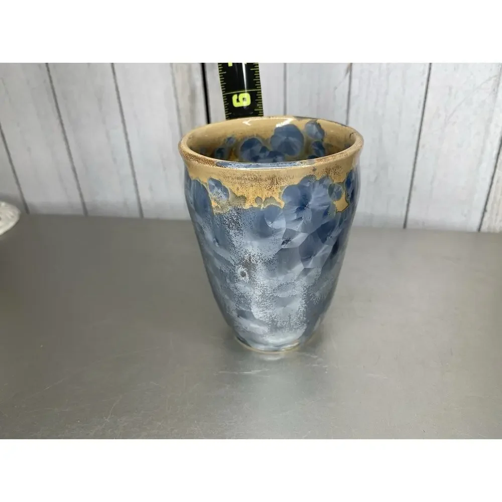 Vintage Crystalline Porcelain Vase Artist Signed Nelson Blue Metallic